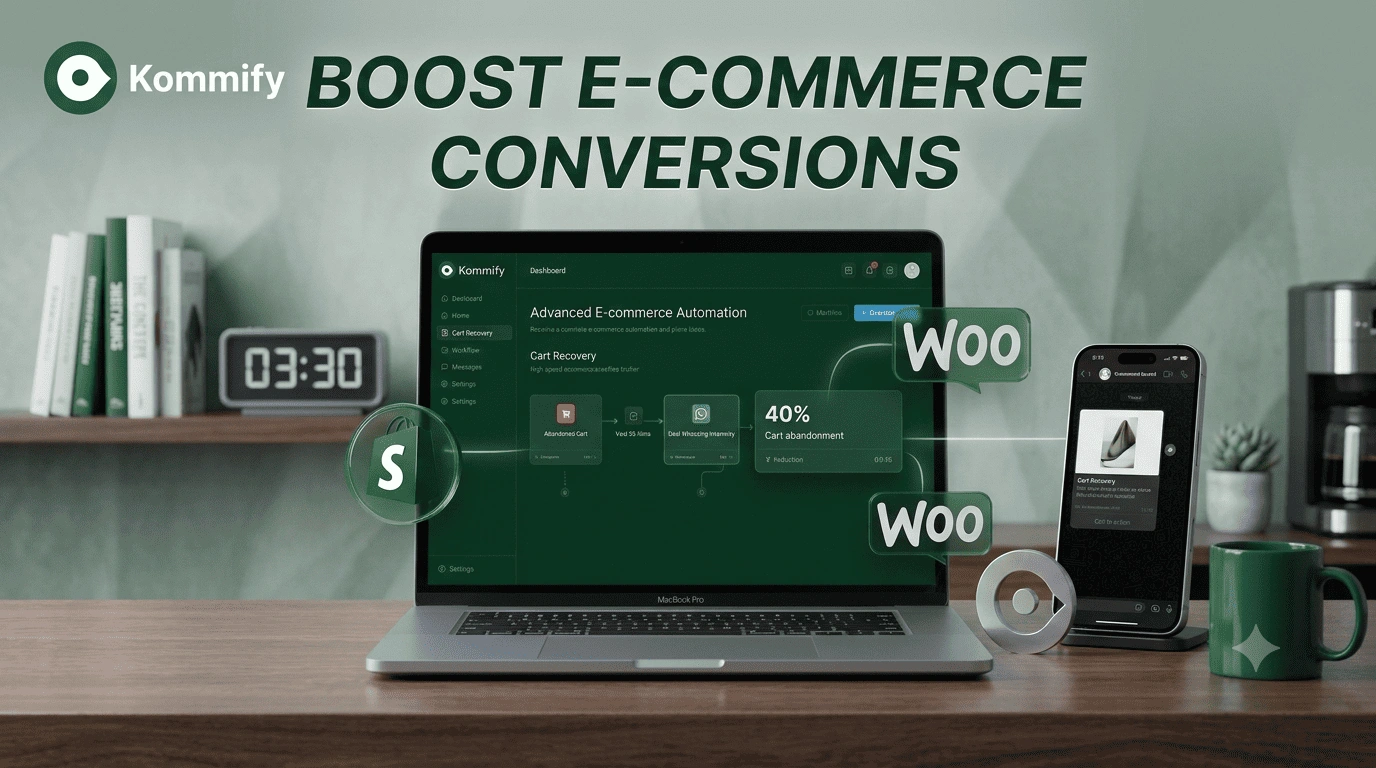 Kommify blog featured image showing e-commerce automation with WhatsApp API on a laptop and smartphone, reducing cart abandonment by 40% for Shopify and WooCommerce stores.