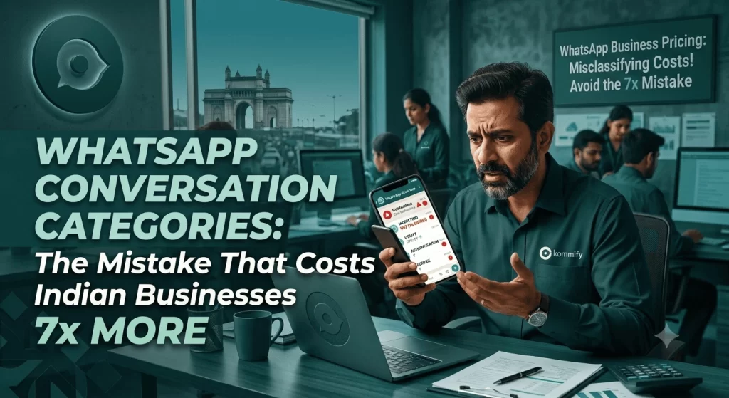 An Indian businessman looking stressed while checking high WhatsApp Business API messaging costs on his smartphone at his desk, featuring the Kommify deep green color theme and brand logo alongside bold blog title text: "WhatsApp Conversation Categories: The Mistake That Costs Indian Businesses 7x MORE.