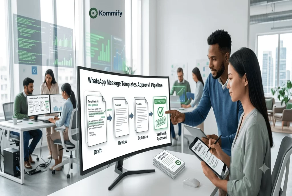 An expanded 1.5:1 aspect ratio office scene showing a man pointing at a curved computer monitor displaying a four-step "WhatsApp Message Templates Approval Pipeline" (Draft, Review, Optimize, Verified & Approved), while a woman takes notes on a tablet next to him.
