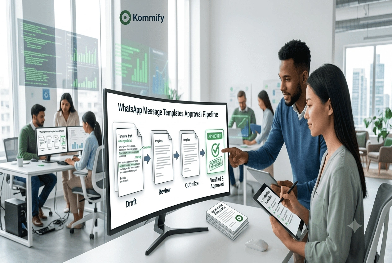 An expanded 1.5:1 aspect ratio office scene showing a man pointing at a curved computer monitor displaying a four-step "WhatsApp Message Templates Approval Pipeline" (Draft, Review, Optimize, Verified & Approved), while a woman takes notes on a tablet next to him.