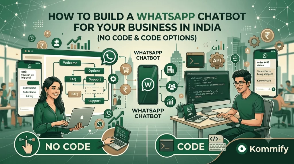 Featured graphic for Kommify blog titled "How to Build a WhatsApp Chatbot for Your Business in India (No Code & Code Options)", illustrating a split comparison between no-code visual flow builders and custom code API development in a forest green and teal theme.