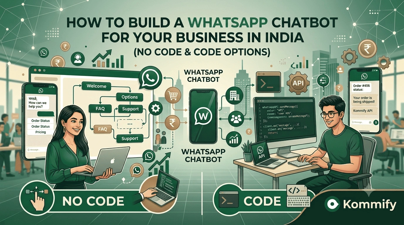 Featured graphic for Kommify blog titled "How to Build a WhatsApp Chatbot for Your Business in India (No Code & Code Options)", illustrating a split comparison between no-code visual flow builders and custom code API development in a forest green and teal theme.